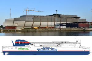 Lo scafo del traghetto per Polferries nel cantiere di Porto Viro.