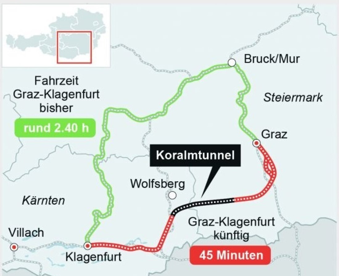 Il percorso della nuova ferrovia in Austria.