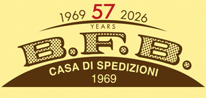 Banner della casa di spedizioni B.F.B. di Trieste con in rosso evidenziati i 55 anni di attività